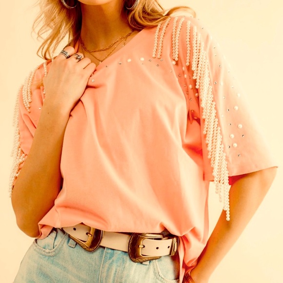 BiBi Tops - NWOT BiBi Peach Color Rhinestone and Pearl Fringe Top